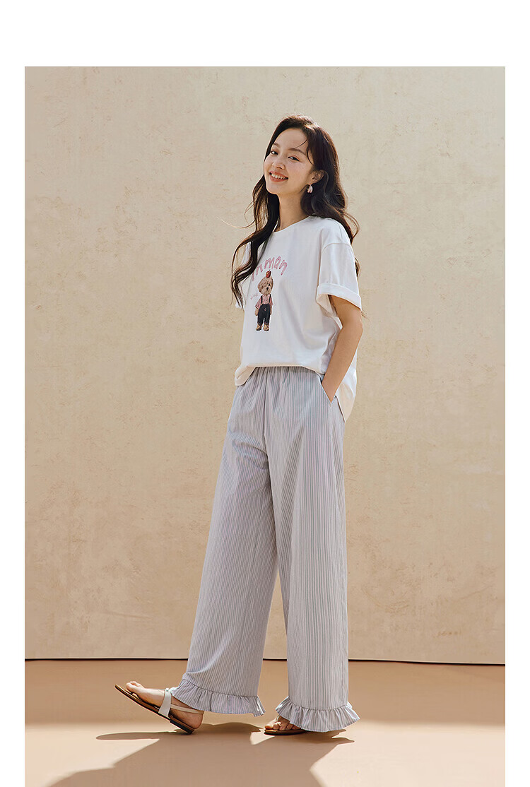 INMAN Lyocell Cotton Vintage Striped Wide-Leg Pants 2026 Summer Women's New Elastic Waist Ruffle Trousers 4